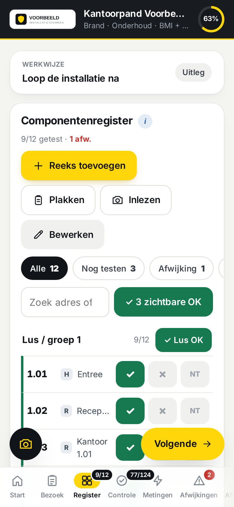 Componentenregister met per melder in orde, afwijking of niet toegankelijk