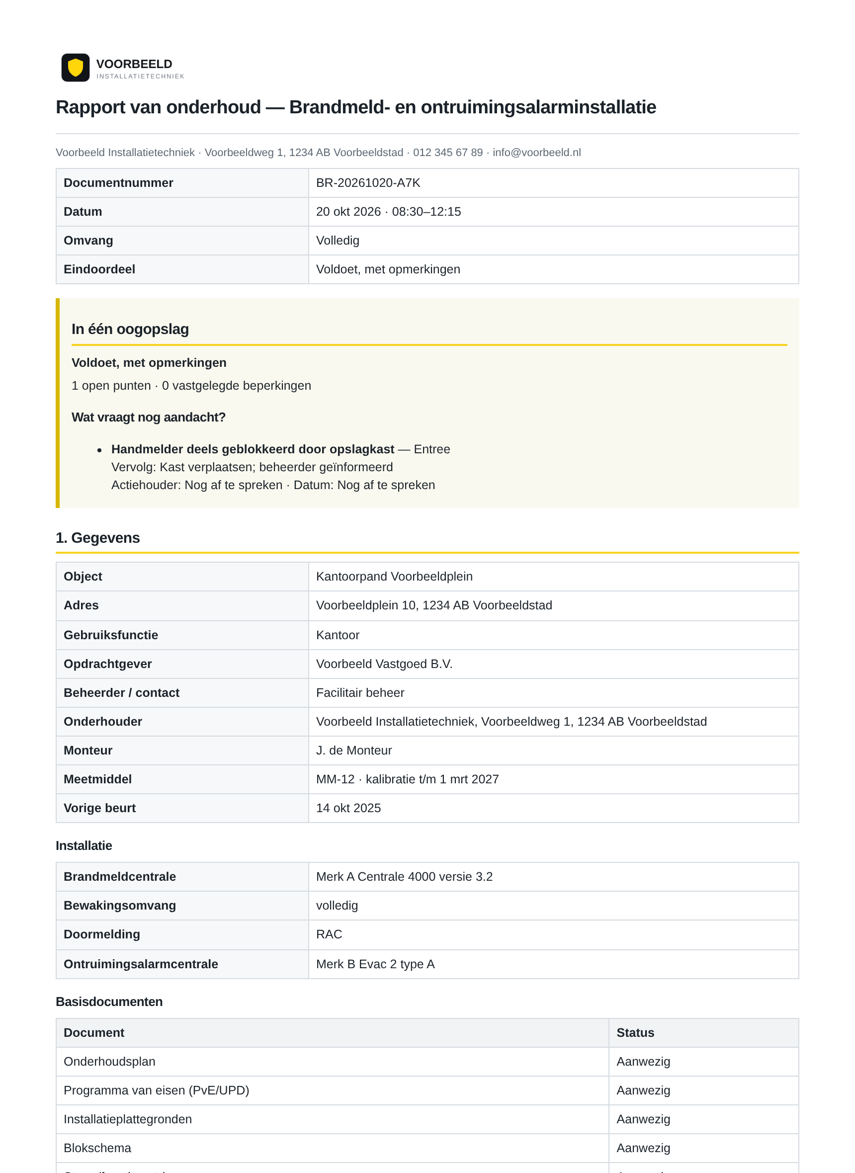 Voorbeeld van een onderhoudsrapport met fictieve gegevens
